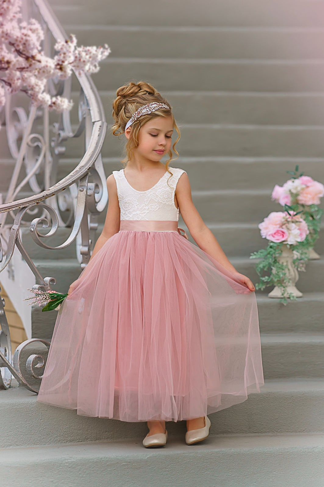 Sleeveless Tulle and Lace Flower Girl Dress - The Little Kitten Boutique
