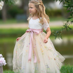 Short Sleeve Wildflower Floral Embroidered Flower Girl Dress- Champagne - The Little Kitten Boutique