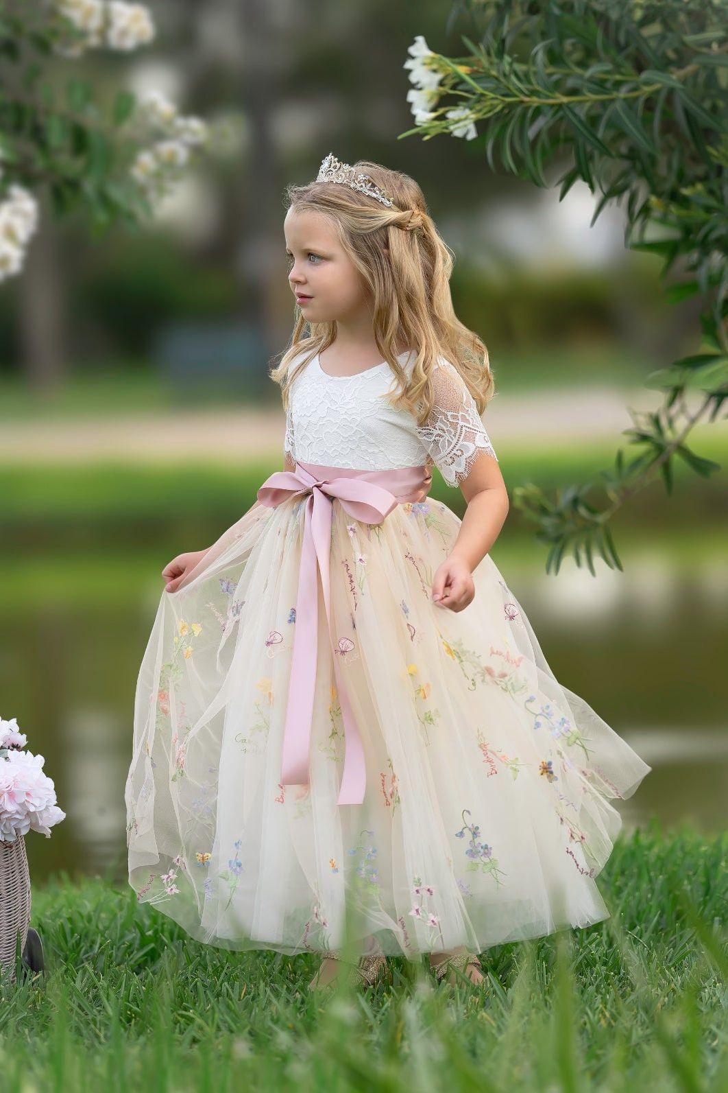 Short Sleeve Wildflower Floral Embroidered Flower Girl Dress- Champagne - The Little Kitten Boutique
