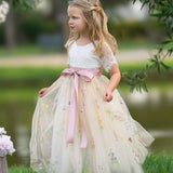 Short Sleeve Wildflower Floral Embroidered Flower Girl Dress- Champagne - The Little Kitten Boutique