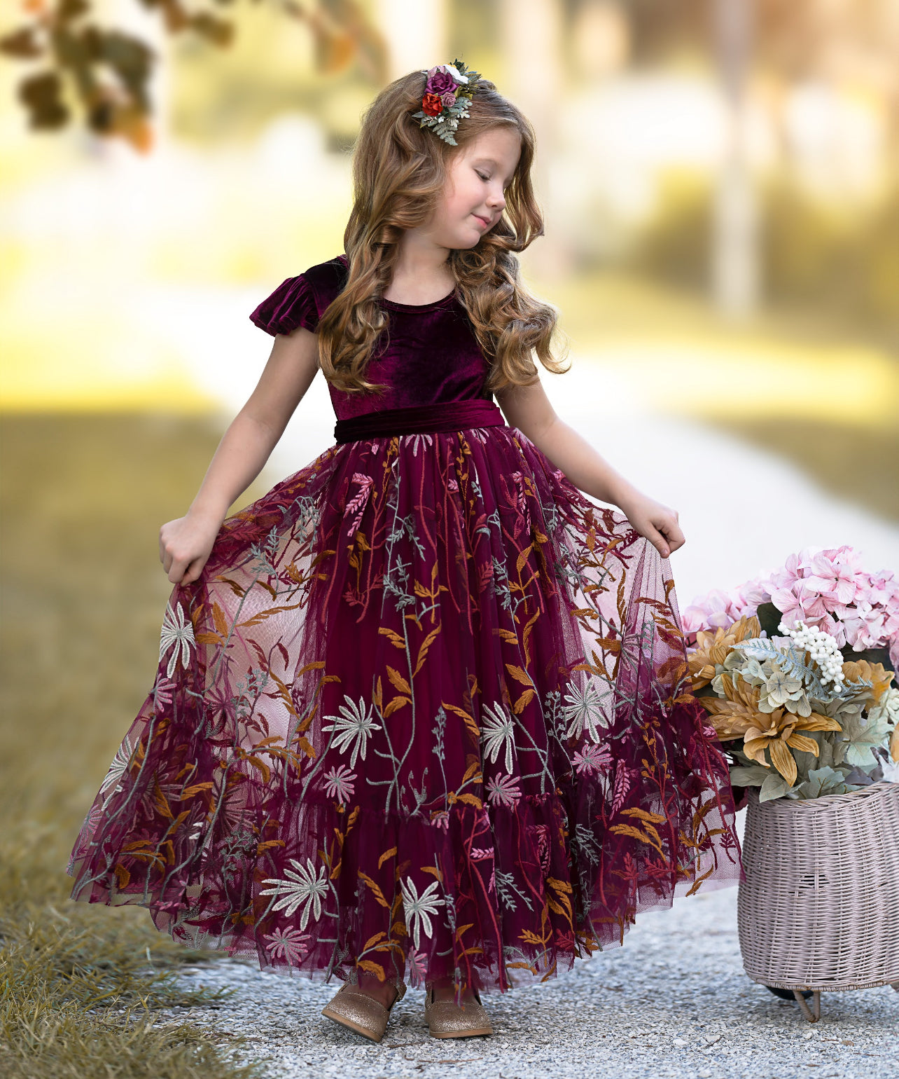 Burgundy Velvet Ruffle Sleeve Flower Girl Dress- Floral Embroidered Tulle Skirting - The Little Kitten Boutique