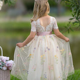 Short Sleeve Wildflower Floral Embroidered Flower Girl Dress- Champagne - The Little Kitten Boutique