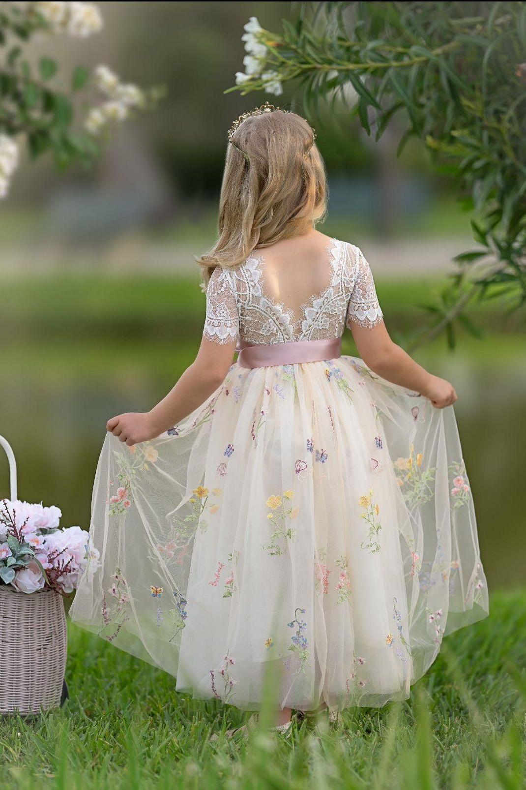 Short Sleeve Wildflower Floral Embroidered Flower Girl Dress- Champagne - The Little Kitten Boutique
