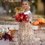Long Sleeve Lace and floral embroidered Tulle Flower Girl Dress - Champagne - The Little Kitten Boutique