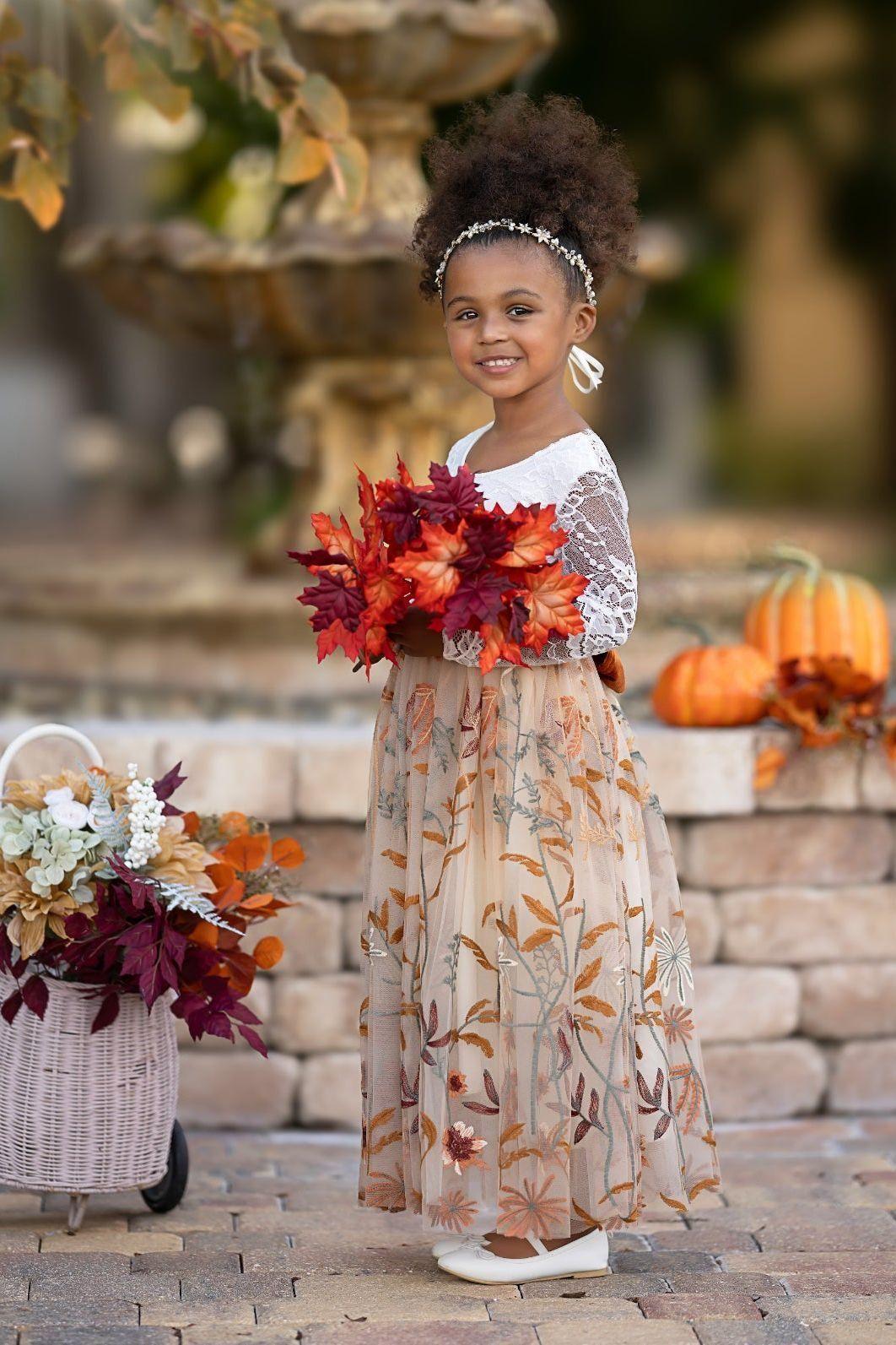 Long Sleeve Lace and floral embroidered Tulle Flower Girl Dress - Champagne - The Little Kitten Boutique
