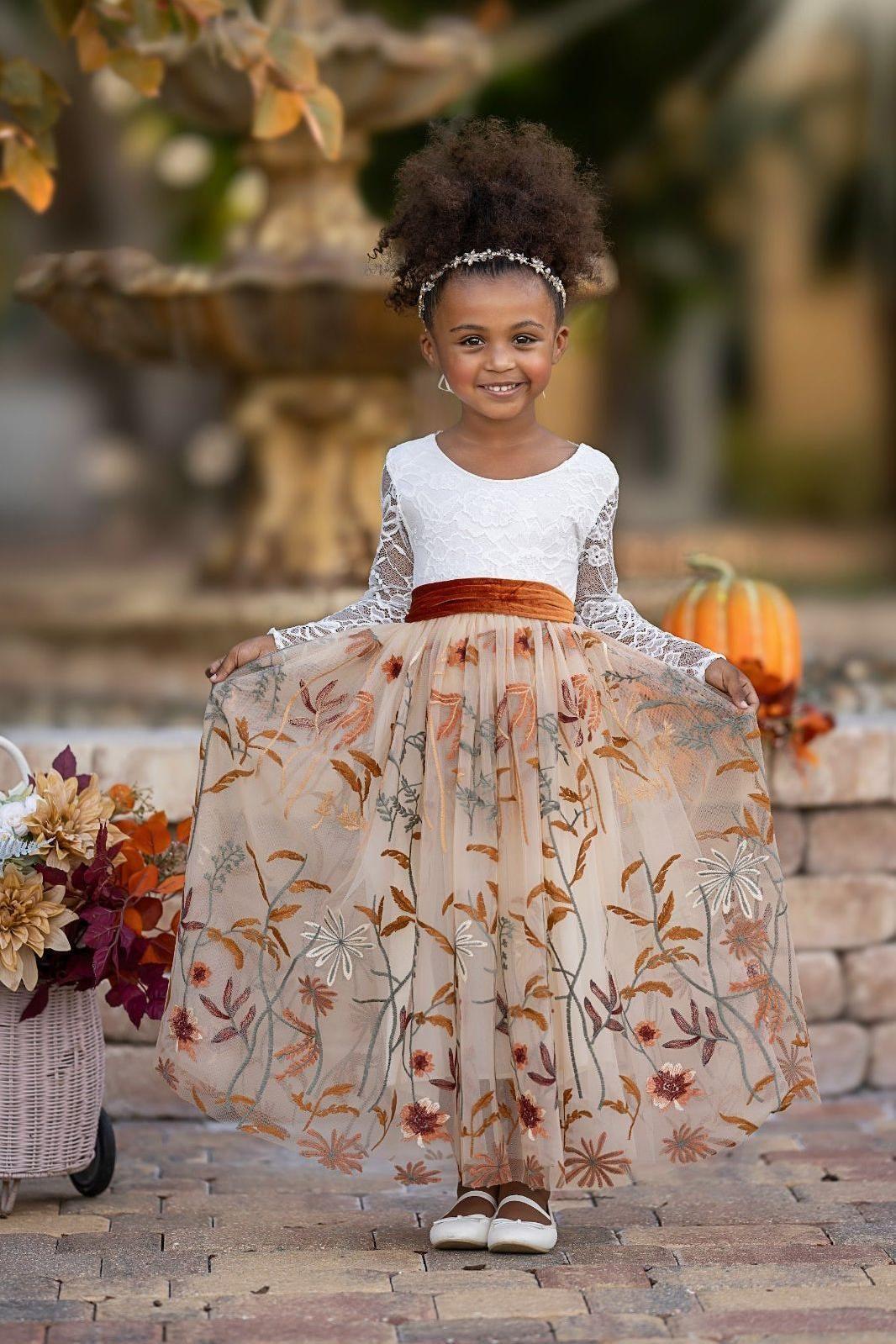 Long Sleeve Lace and floral embroidered Tulle Flower Girl Dress - Champagne - The Little Kitten Boutique