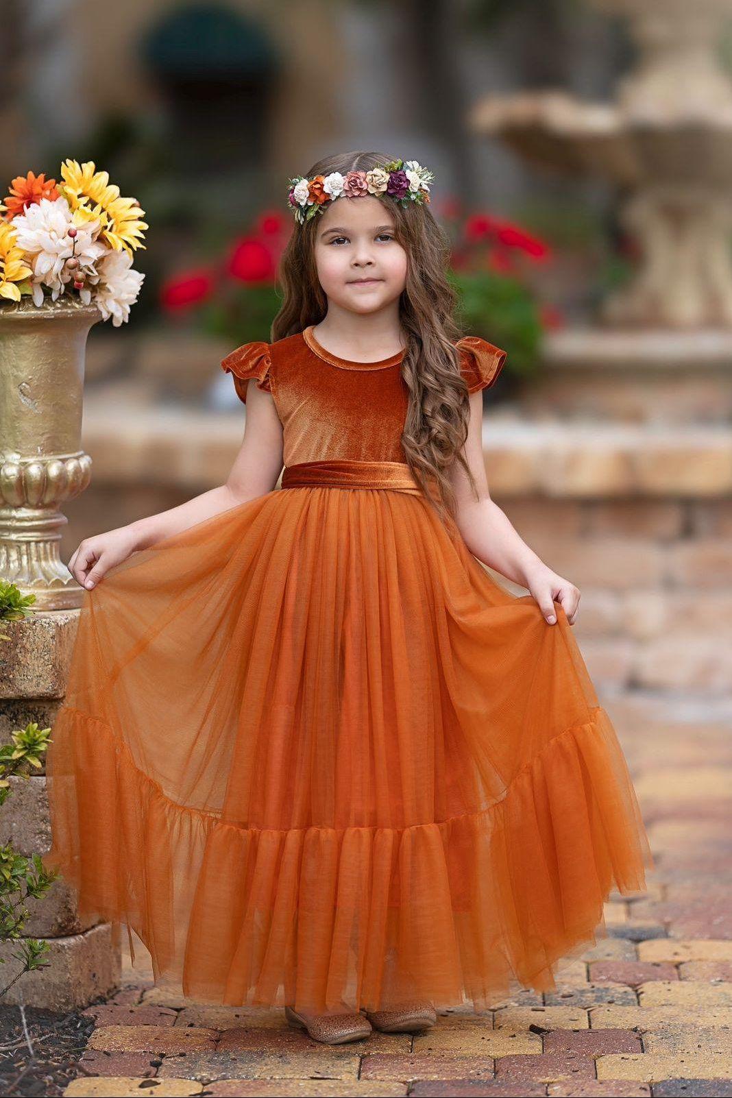 Burnt Orange Velvet and Tulle Flower Girl Dress - The Little Kitten Boutique