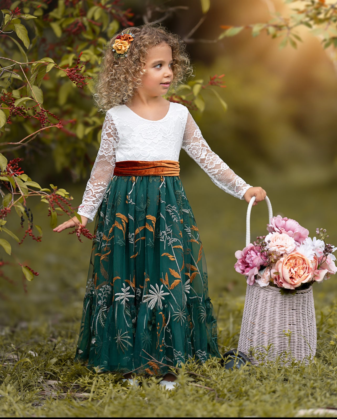 Elegant white lace flower girl dress with hunter green floral embroidered  tulle skirting