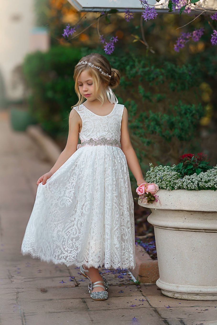 Sleeveless Ankle-Length Lace Flower Girl Dress - Rose, White, Ivory - The Little Kitten Boutique