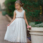 Sleeveless Ankle-Length Lace Flower Girl Dress - Rose, White, Ivory - The Little Kitten Boutique