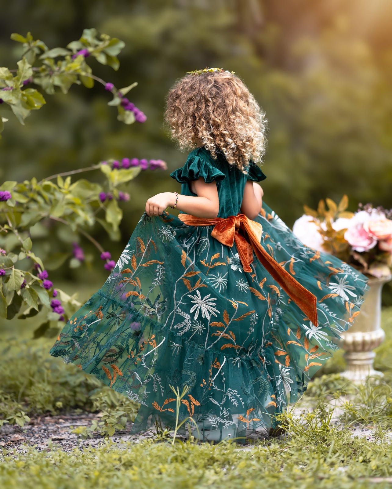 Forest Green Velvet Flower Girl Dresses - Embroidered Tulle - The Little Kitten Boutique