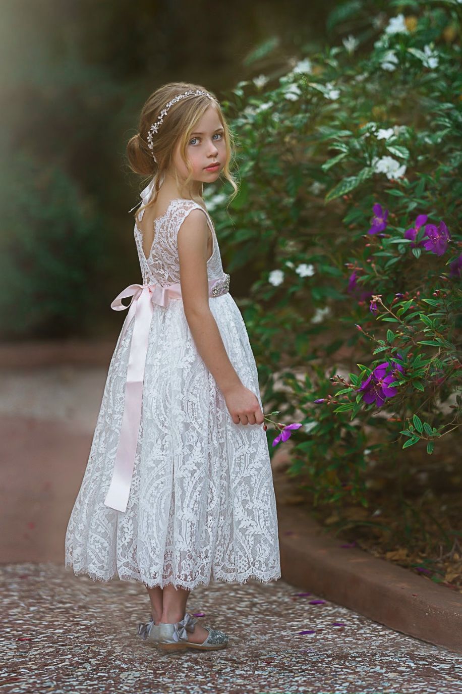 Sleeveless Ankle-Length Lace Flower Girl Dress - Rose, White, Ivory - The Little Kitten Boutique