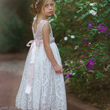 Sleeveless Ankle-Length Lace Flower Girl Dress - Rose, White, Ivory - The Little Kitten Boutique
