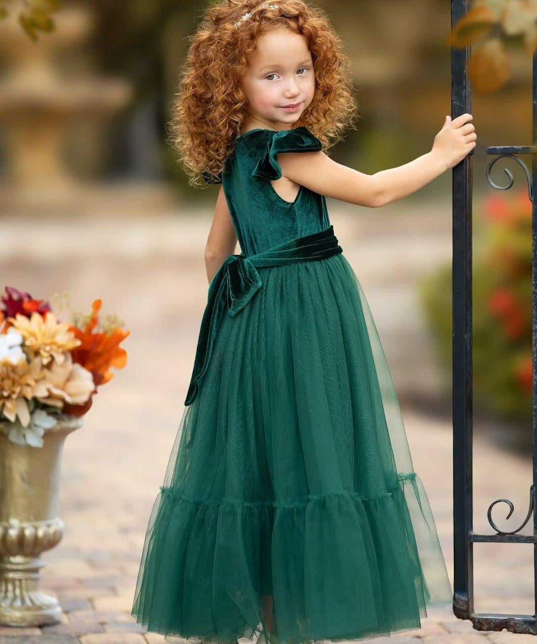 Hunter Green Velvet and Tulle Flower Girl Dress - The Little Kitten Boutique