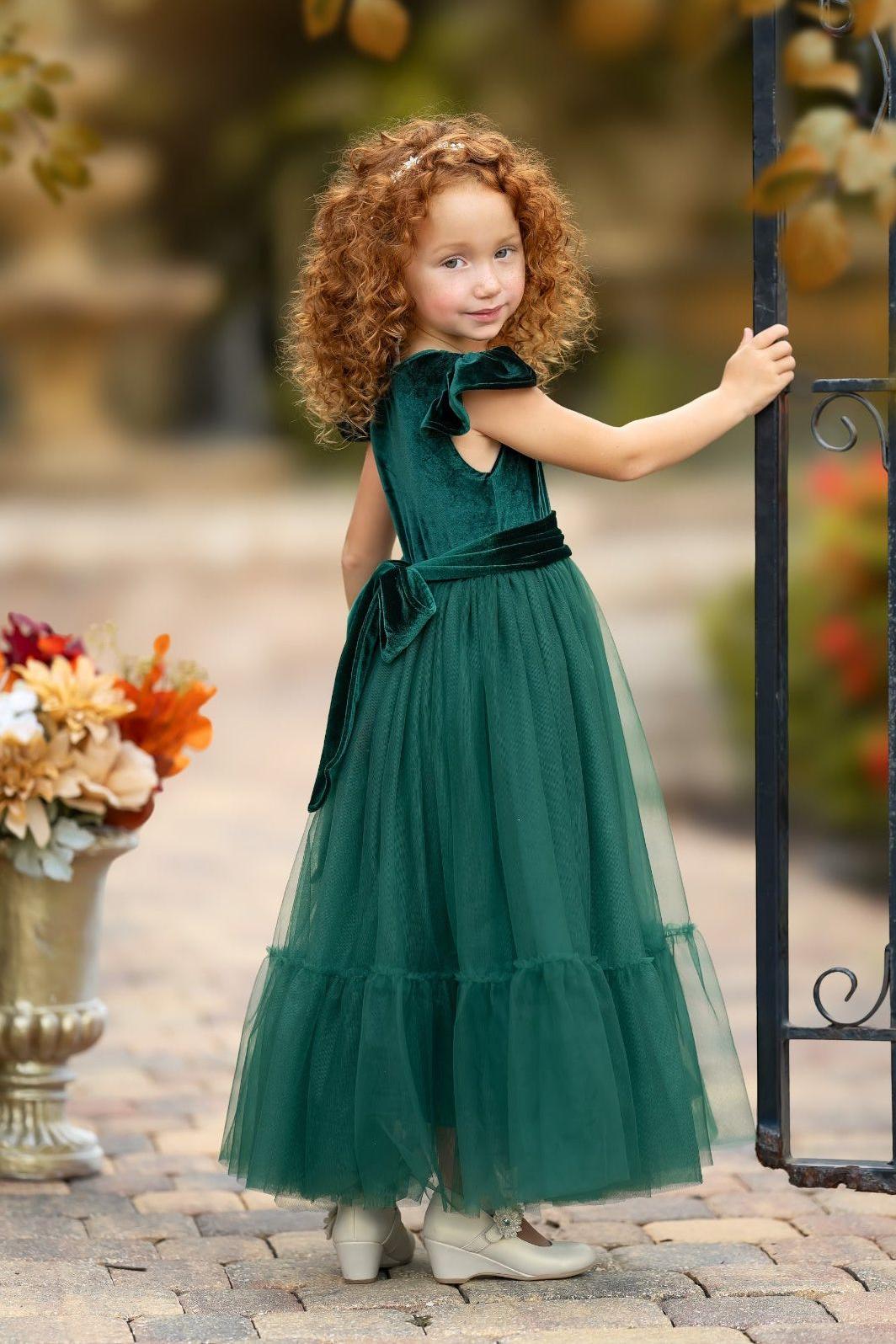 Hunter Green Velvet and Tulle Flower Girl Dress - The Little Kitten Boutique