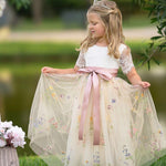 Short Sleeve Wildflower Floral Embroidered Flower Girl Dress- Champagne - The Little Kitten Boutique