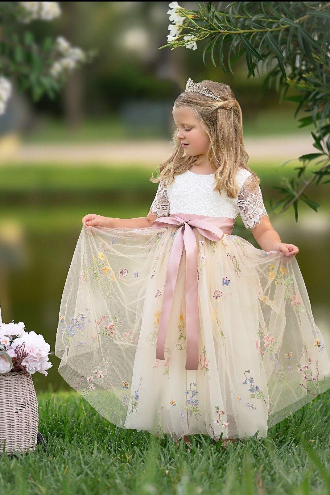 Short Sleeve Wildflower Floral Embroidered Flower Girl Dress- Champagne - The Little Kitten Boutique