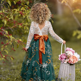 Back view of white lace flower girl dress with hunter green floral embroidered  tulle skirt