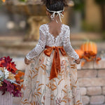 Long Sleeve Lace and floral embroidered Tulle Flower Girl Dress - Champagne - The Little Kitten Boutique