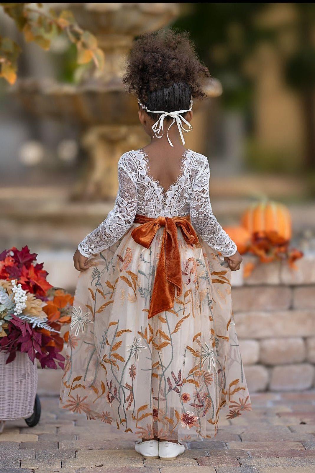 Long Sleeve Lace and floral embroidered Tulle Flower Girl Dress - Champagne - The Little Kitten Boutique