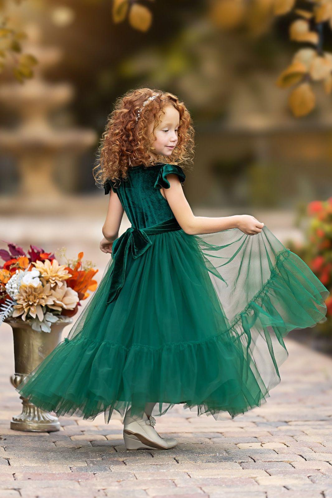 Hunter Green Velvet and Tulle Flower Girl Dress - The Little Kitten Boutique