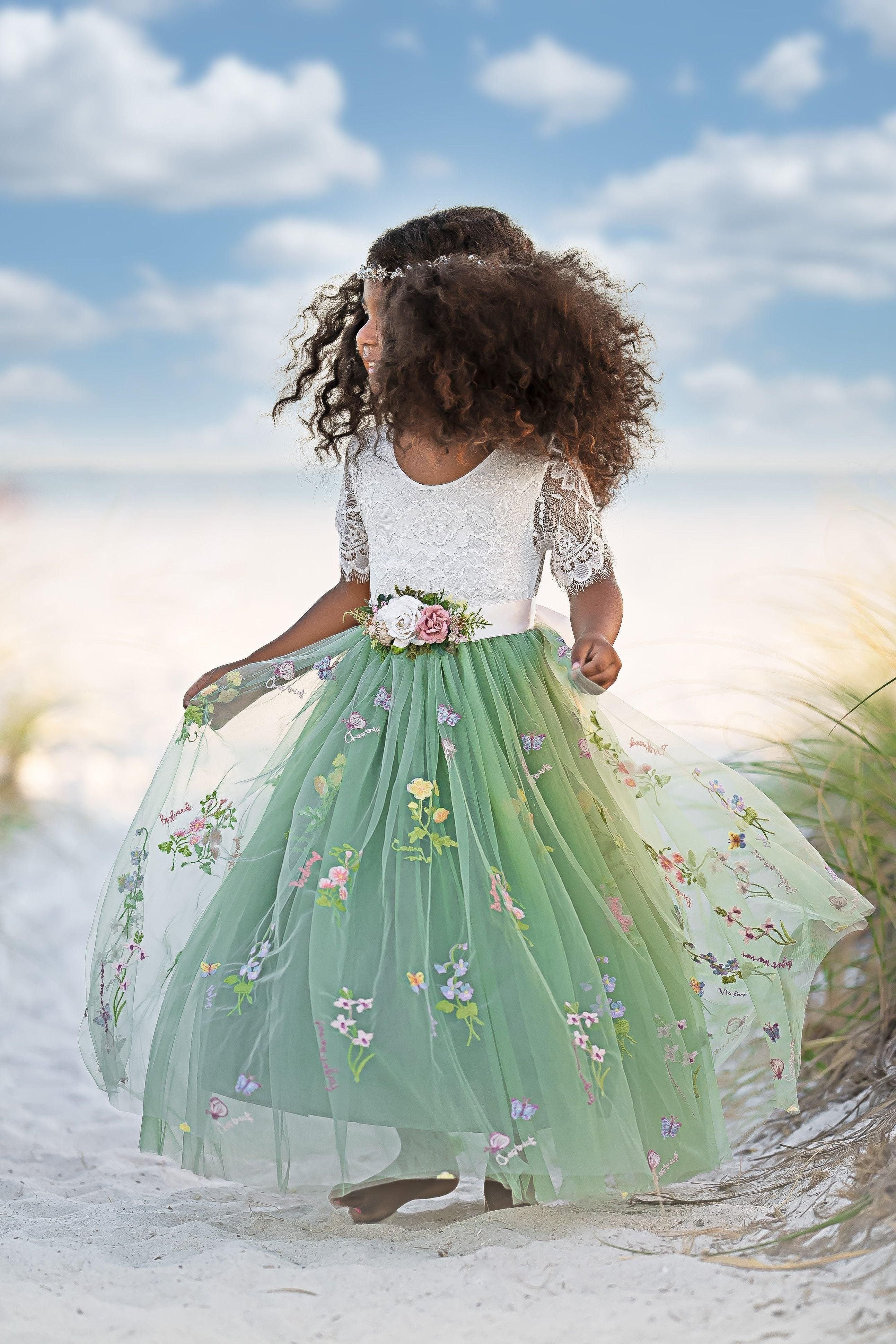 Short Sleeve Floral Embroidered Flower Girl Dress - Sage Gree - The Little Kitten Boutique