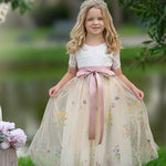 Short Sleeve Wildflower Floral Embroidered Flower Girl Dress- Champagne - The Little Kitten Boutique