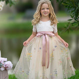 Short Sleeve Wildflower Floral Embroidered Flower Girl Dress- Champagne - The Little Kitten Boutique