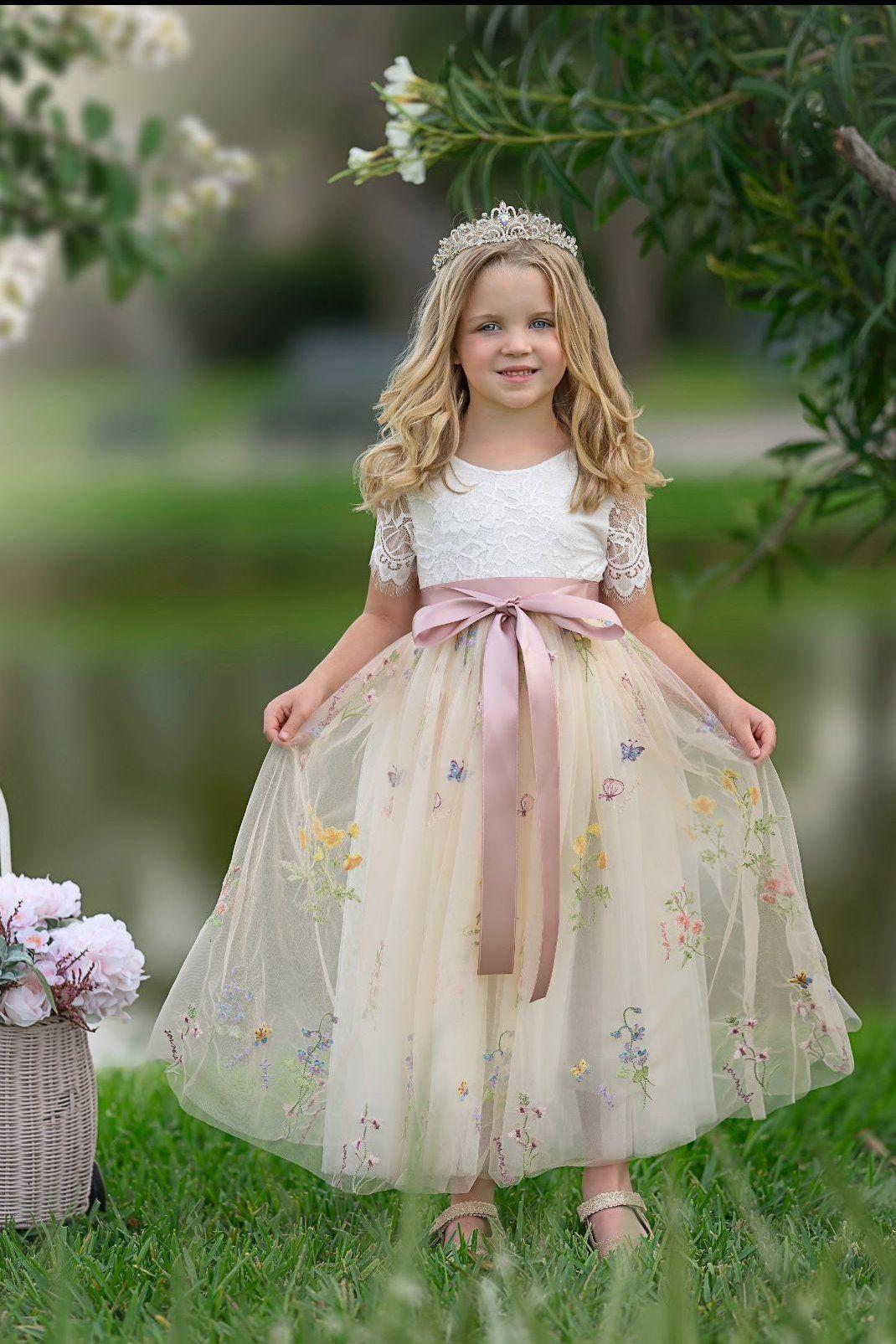 Short Sleeve Wildflower Floral Embroidered Flower Girl Dress- Champagne - The Little Kitten Boutique