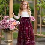 Elegant white lace flower girl dress with burgundy floral embroidered  tulle skirting