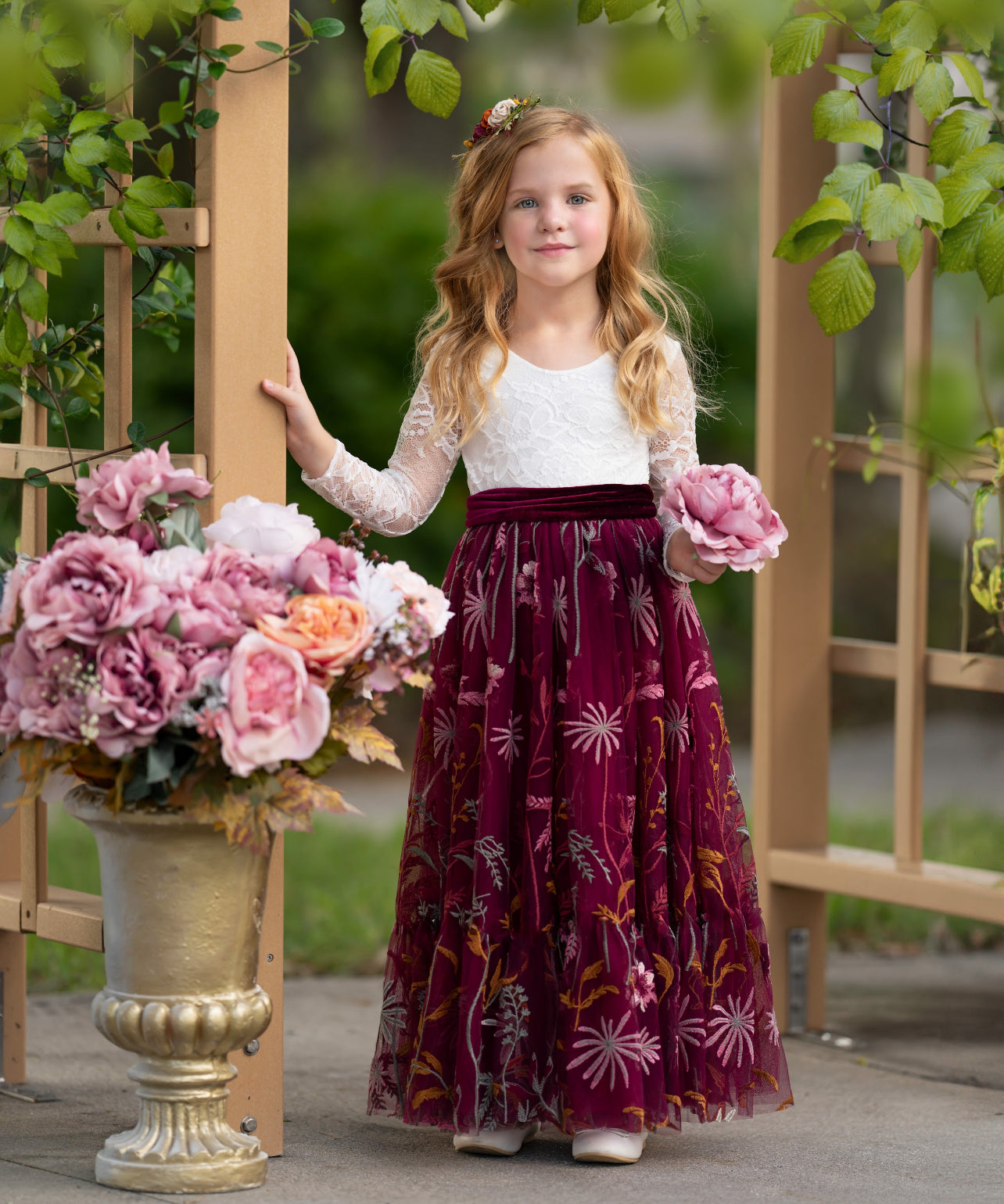 Elegant white lace flower girl dress with burgundy floral embroidered  tulle skirting