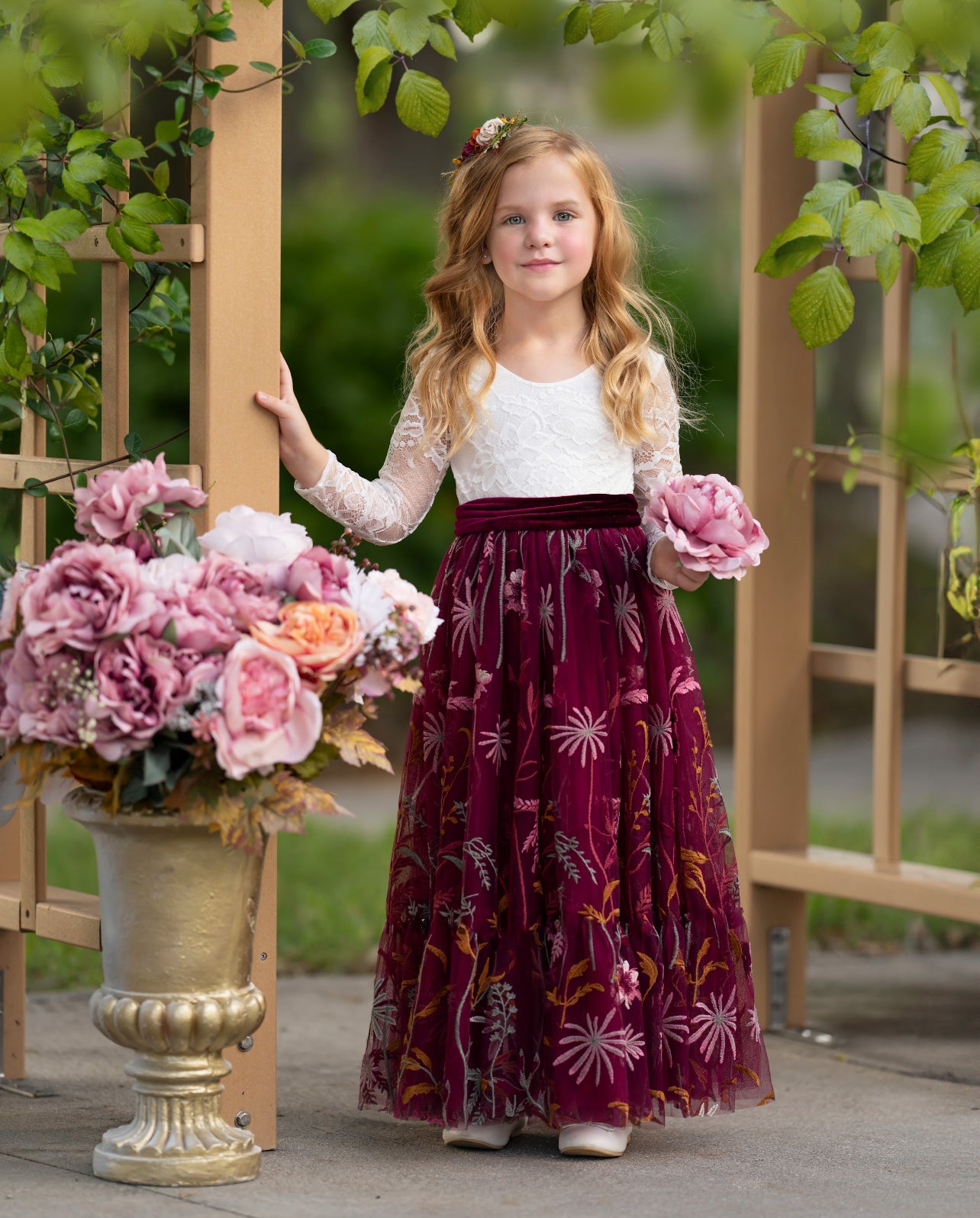 Elegant white lace flower girl dress with burgundy floral embroidered  tulle skirting