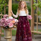 Elegant white lace flower girl dress with burgundy floral embroidered  tulle skirting