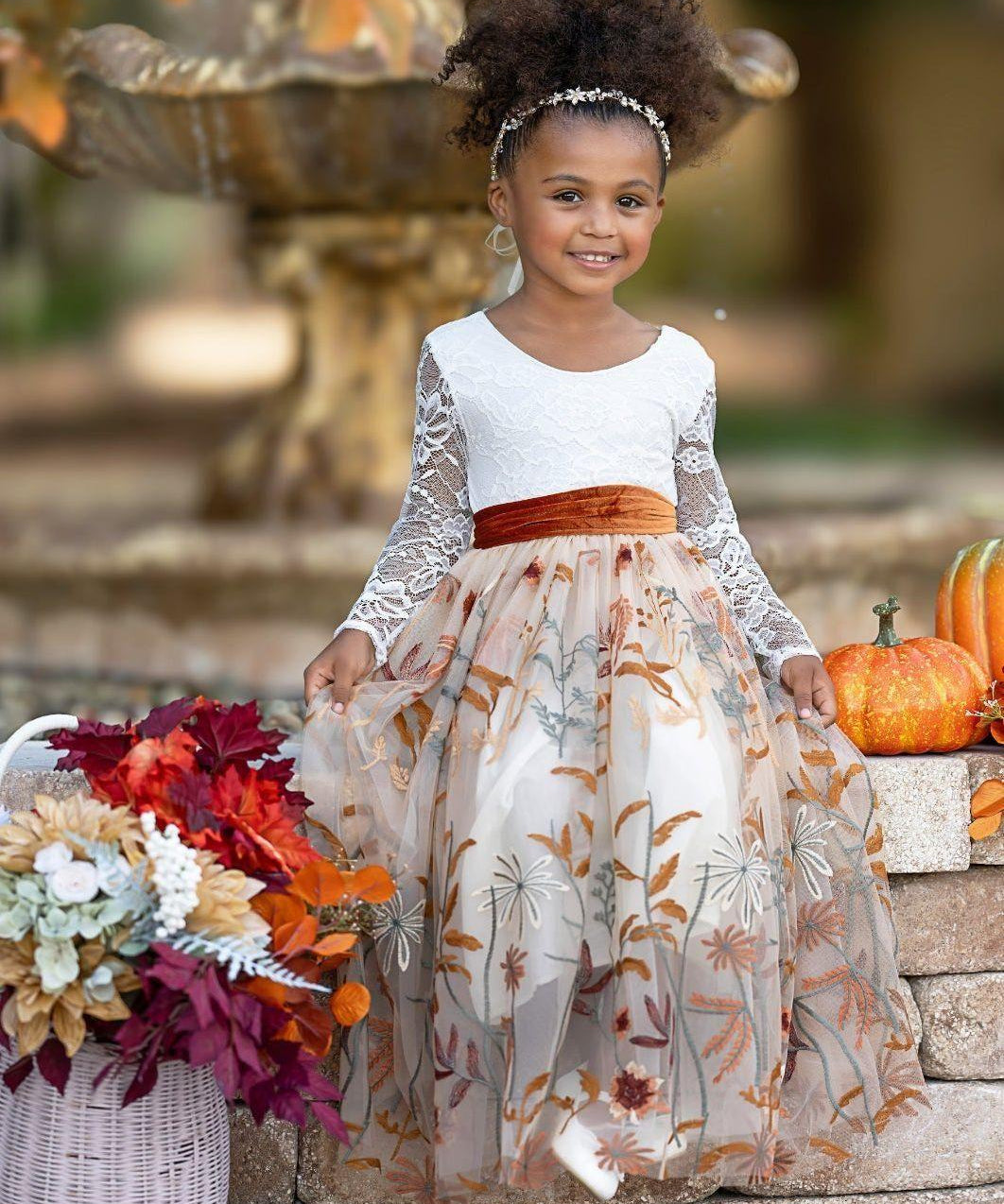 Long Sleeve Lace and floral embroidered Tulle Flower Girl Dress - Champagne - The Little Kitten Boutique