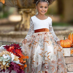 Long Sleeve Lace and floral embroidered Tulle Flower Girl Dress - Champagne - The Little Kitten Boutique