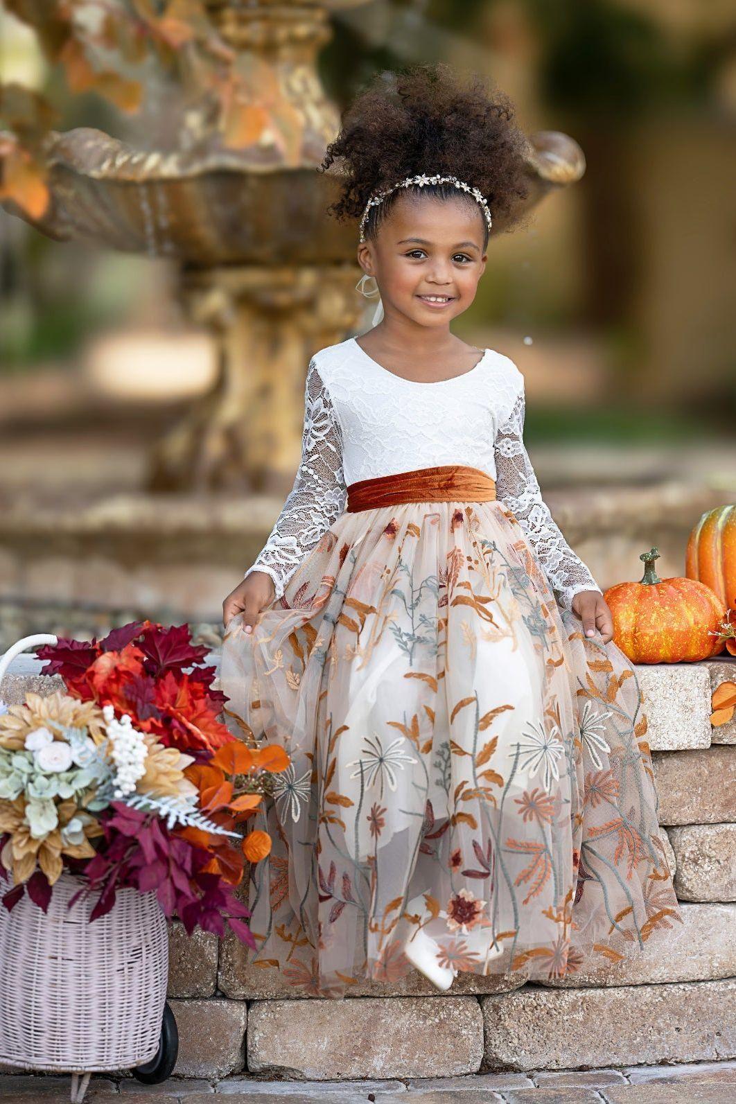 Long Sleeve Lace and floral embroidered Tulle Flower Girl Dress - Champagne - The Little Kitten Boutique