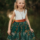 Flower Girl Dress – White Lace Bodice & Forest Green Embroidered Skirt