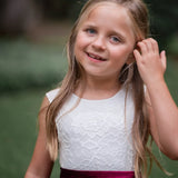Flower Girl Dress - White Lace Bodice & Burgundy Embroidered Skirt