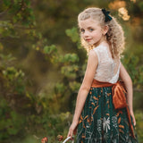 Flower Girl Dress – White Lace Bodice & Forest Green Embroidered Skirt