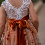 Girl walking in rustic outdoor setting wearing lace and burnt orange fall flower girl dress