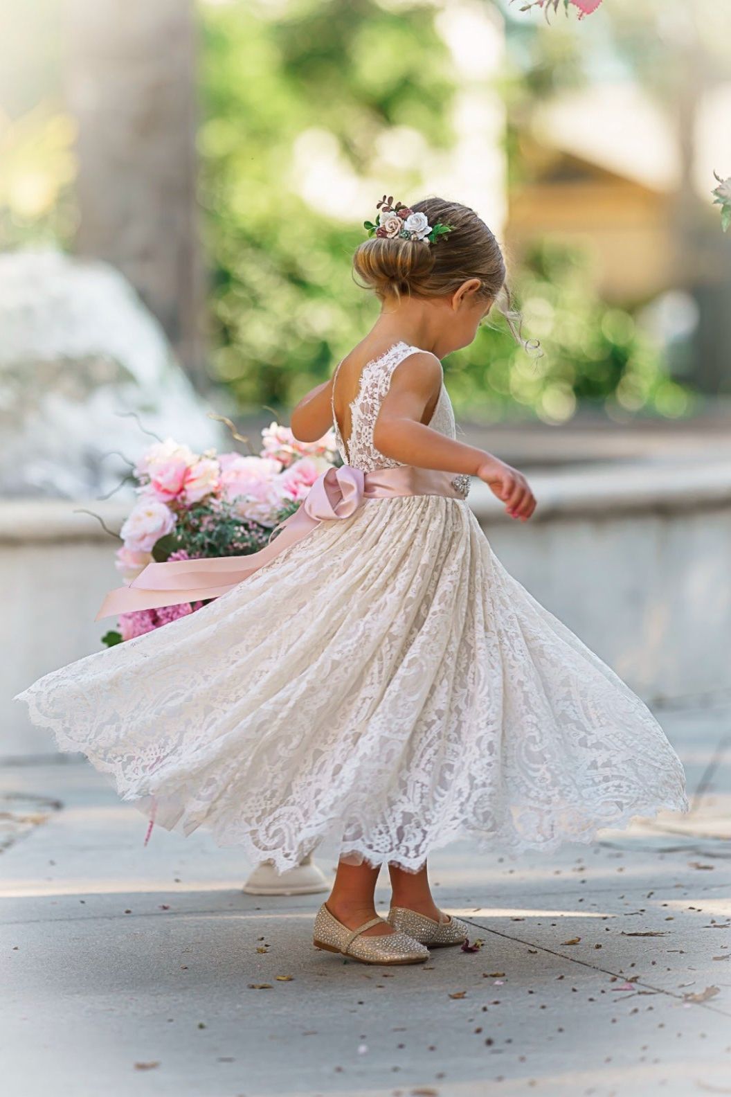 Sleeveless Ankle-Length Lace Flower Girl Dress - Rose, White, Ivory - The Little Kitten Boutique