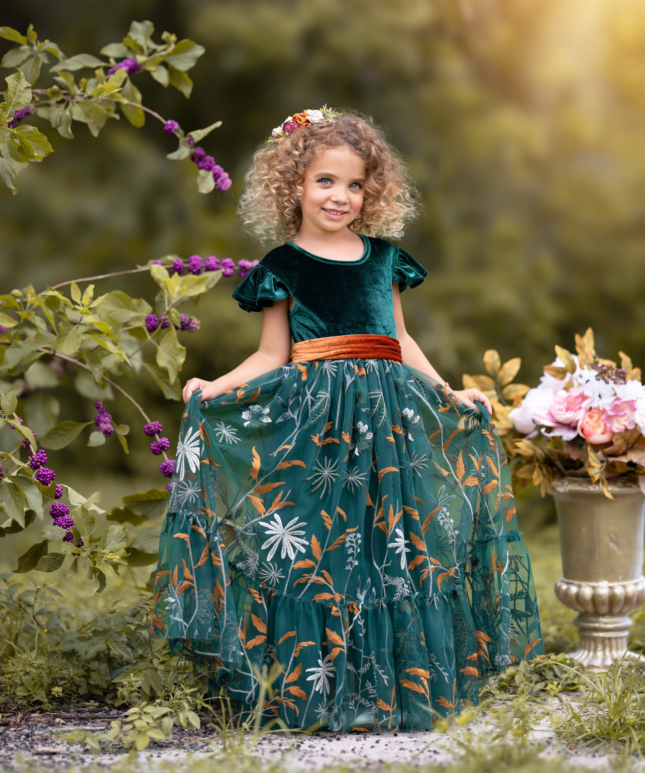 Forest Green Velvet Flower Girl Dresses - Embroidered Tulle - The Little Kitten Boutique