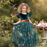 Forest Green Velvet Flower Girl Dresses - Embroidered Tulle - The Little Kitten Boutique