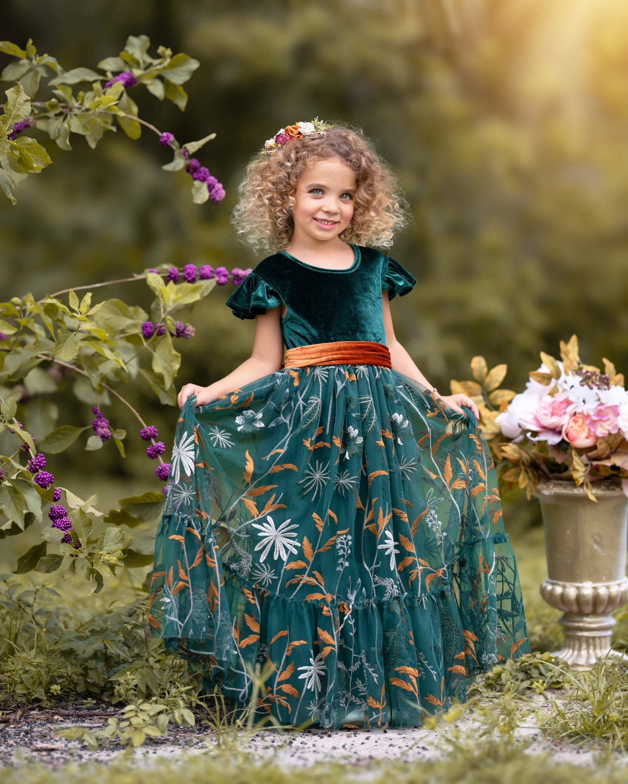 Forest Green Velvet Flower Girl Dresses - Embroidered Tulle - The Little Kitten Boutique