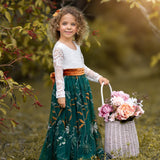 White lace flower girl dress with hunter green floral embroidery - fall wedding look