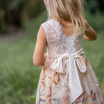 Whimsical flower girl dress with white lace bodice and fall embroidered skirt