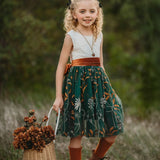 Flower Girl Dress – White Lace Bodice & Forest Green Embroidered Skirt