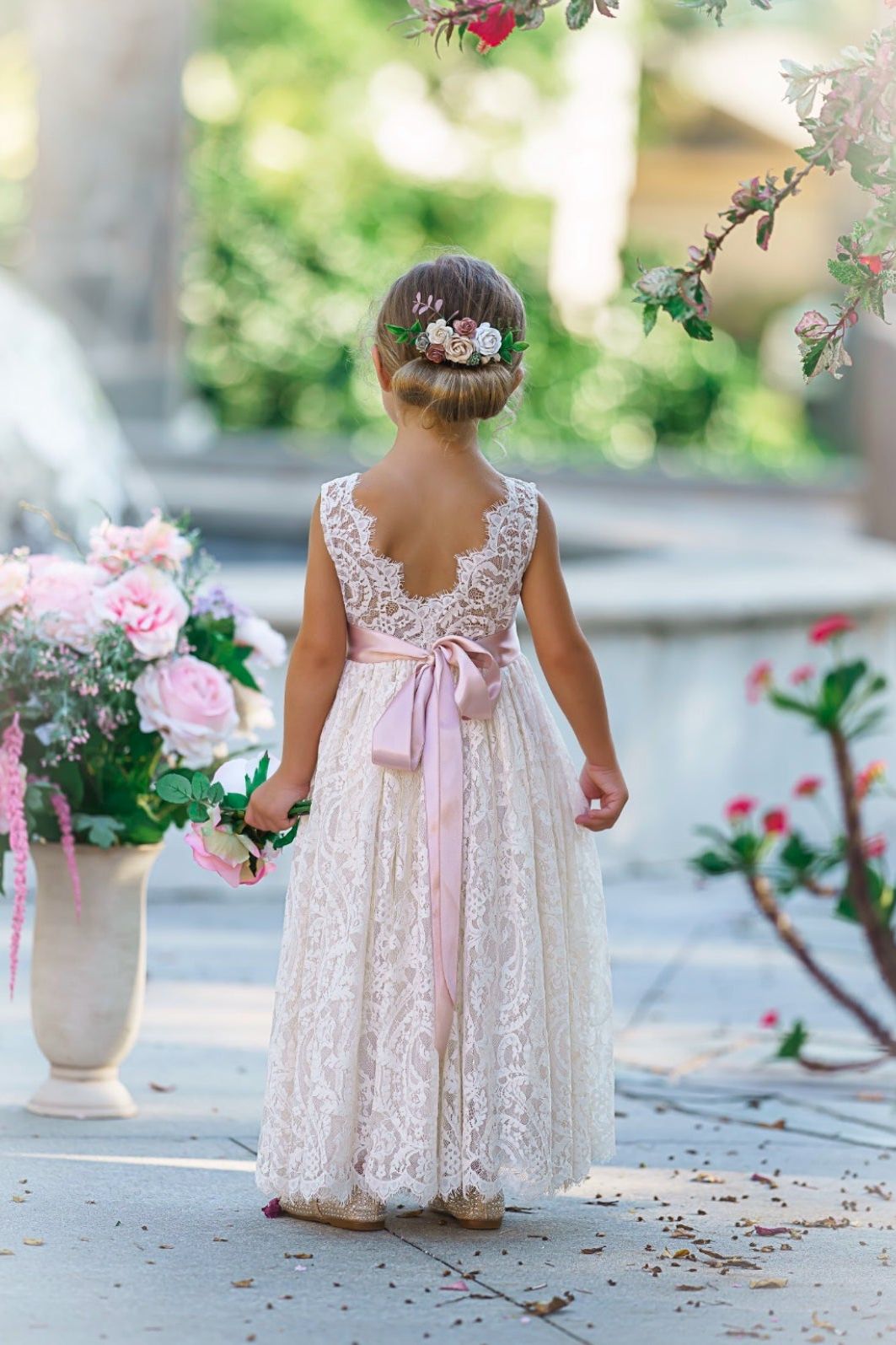 Sleeveless Ankle-Length Lace Flower Girl Dress - Rose, White, Ivory - The Little Kitten Boutique