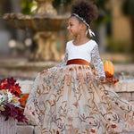 Long Sleeve Lace and floral embroidered Tulle Flower Girl Dress - Champagne - The Little Kitten Boutique