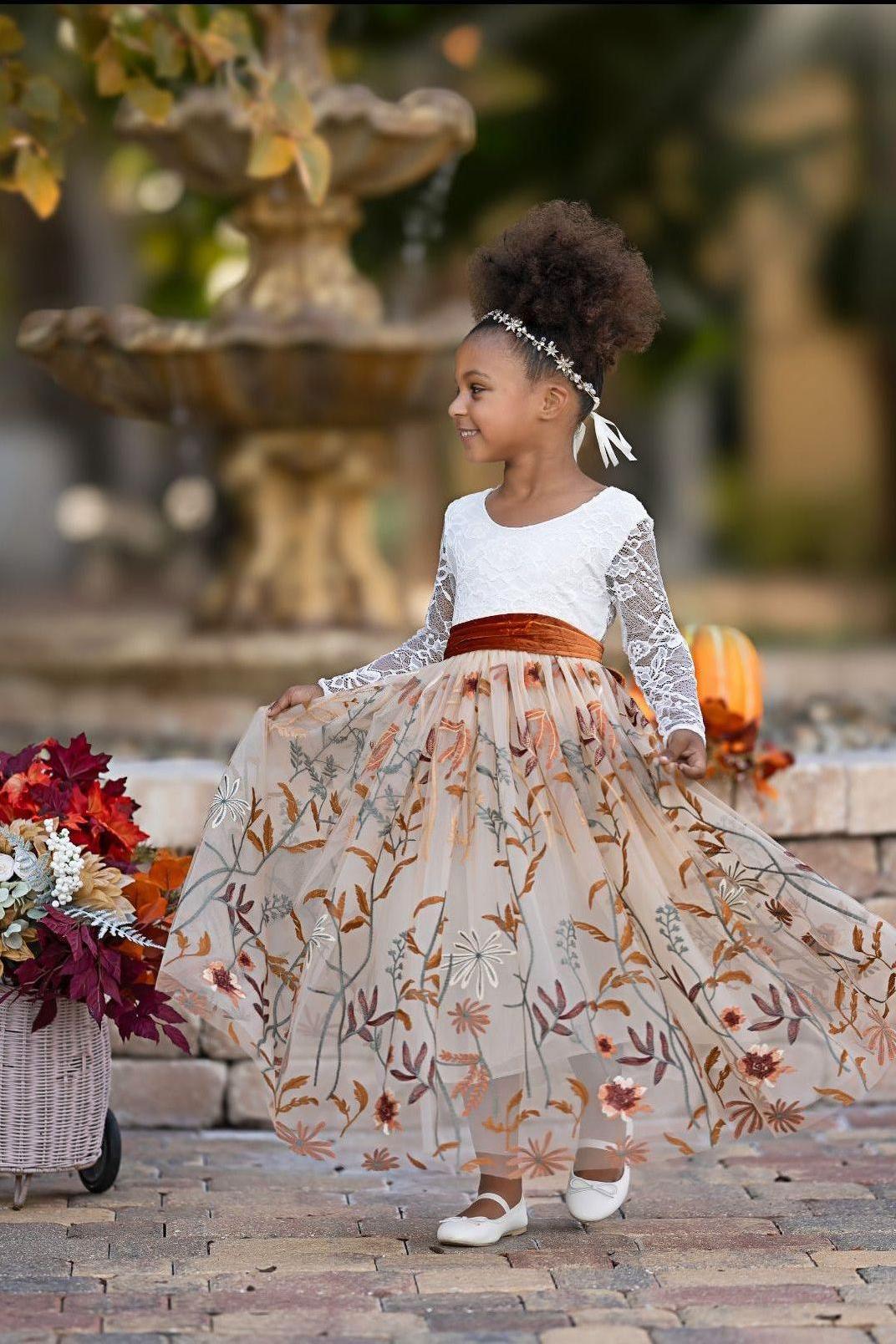 Long Sleeve Lace and floral embroidered Tulle Flower Girl Dress - Champagne - The Little Kitten Boutique